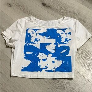 White Crop Top with Blue Graphic Print Y2K